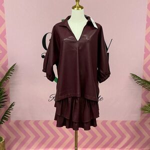 Women's Deep Burgundy V-Neck Tiered Blouse